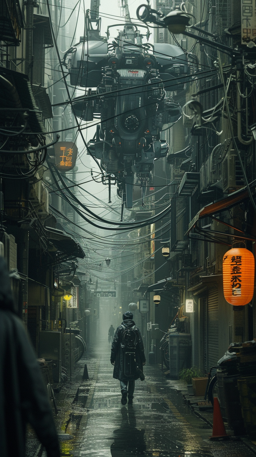 Man walking with robot in Tokyo alley