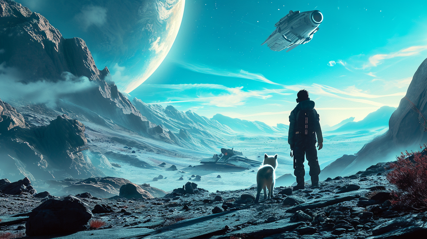 Man and Shiba Inu Walking on Space Planet