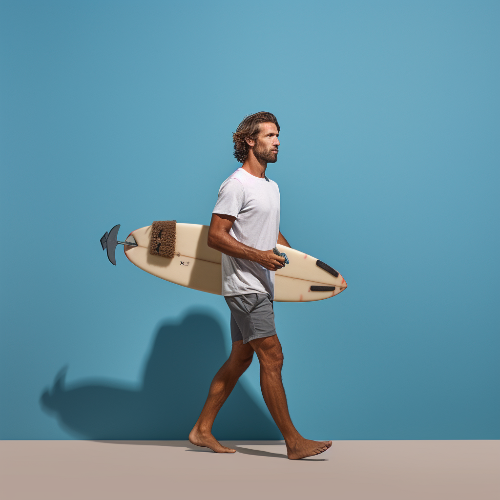 Man with Surfboard on Blue Backdrop