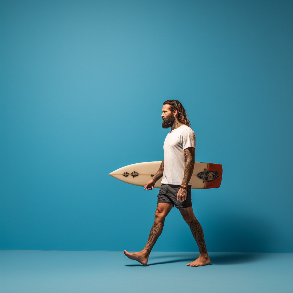 Man walking with surfboard in blue studio