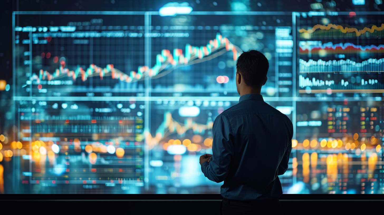 Man watching stocks on AI wall