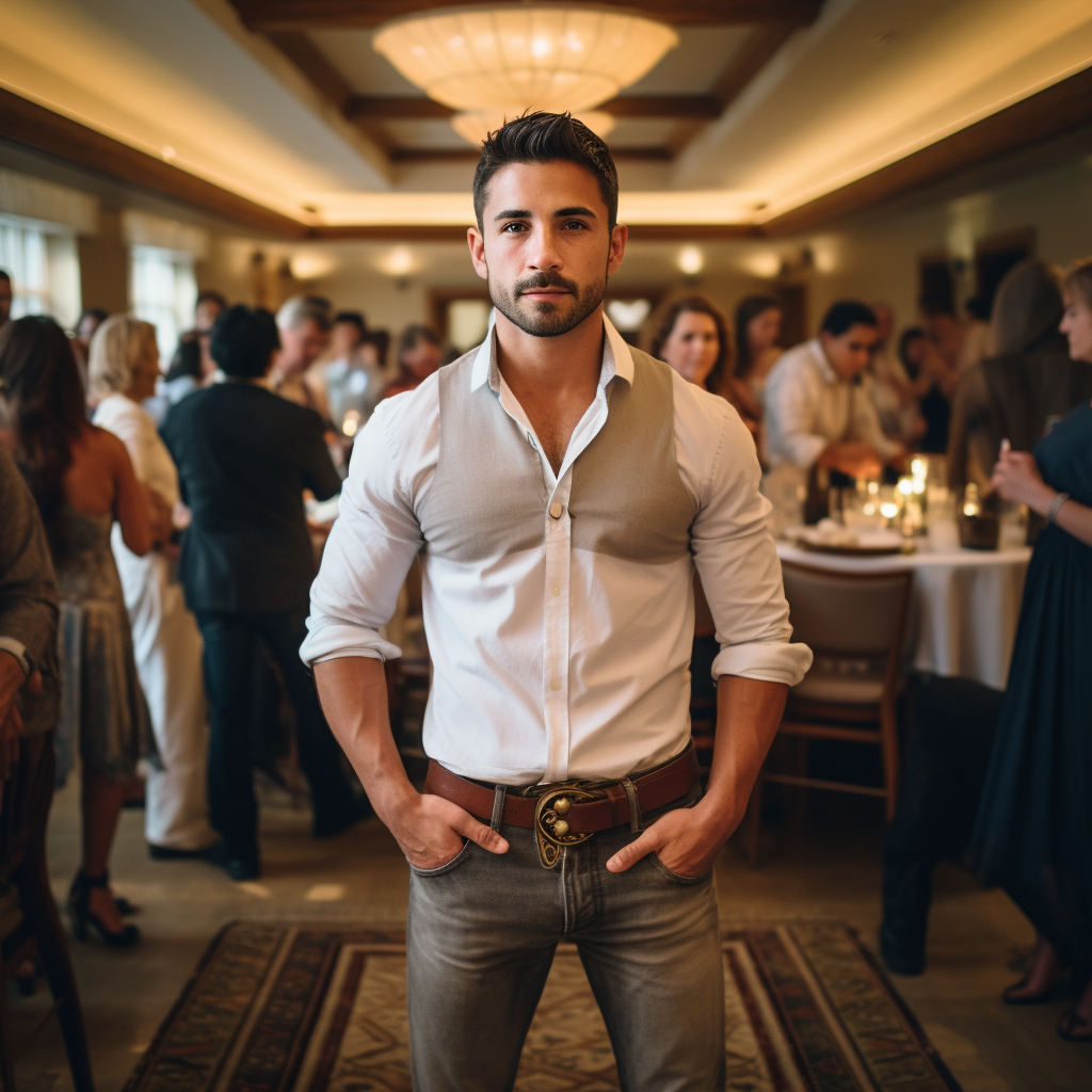 Man in Dirty Tee Shirt and Jeans at Luxury Wedding