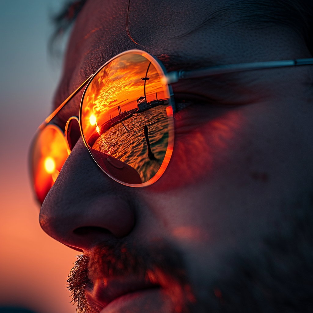 Man's sunglasses reflecting sunset colors