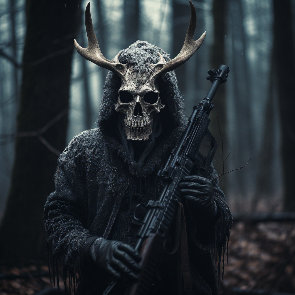 Man with Wendigo Skull in Dark Forest