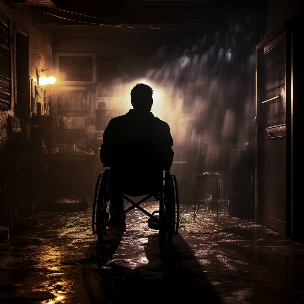 Dark scene with man in wheelchair