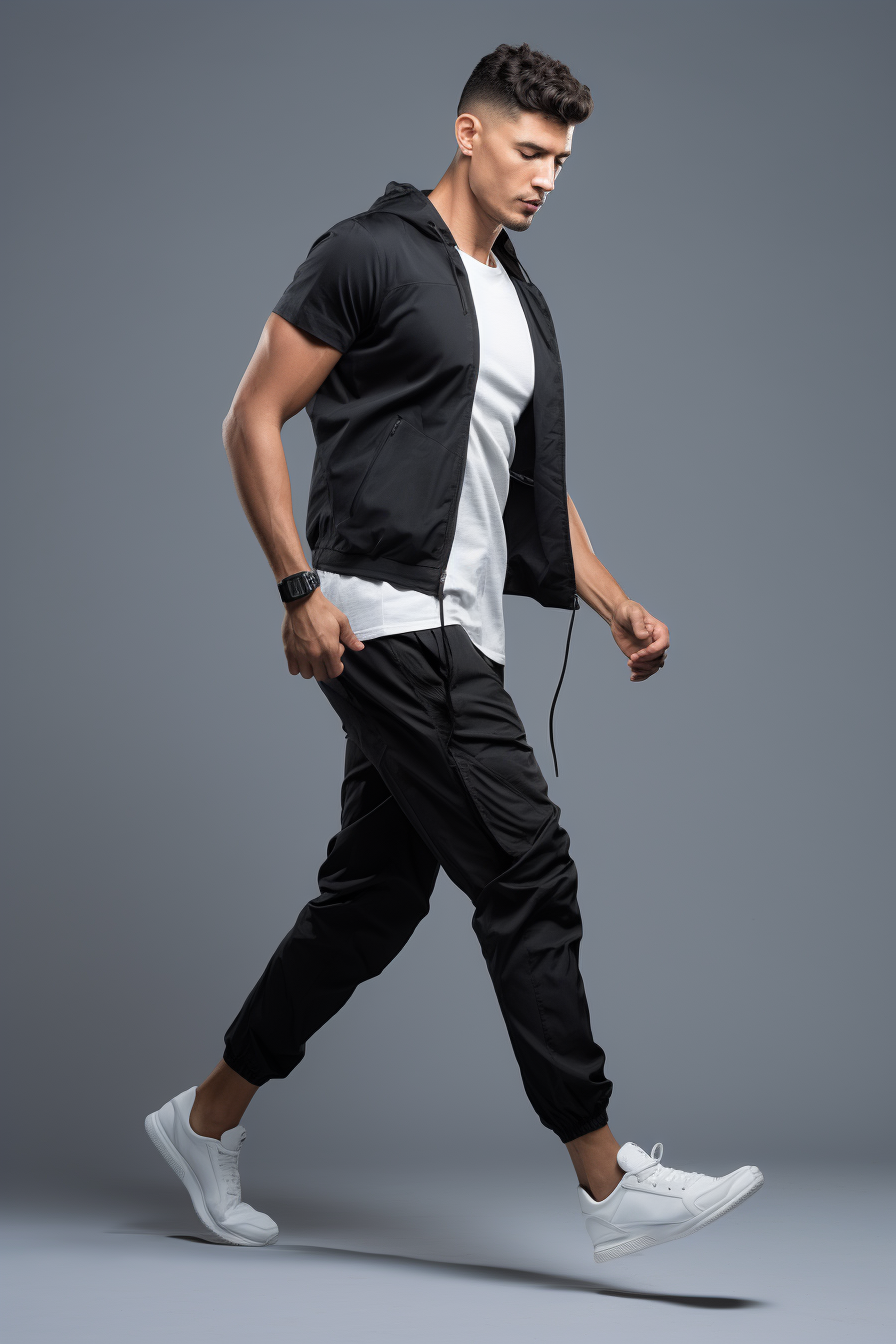 Man wearing black joggers walking in style