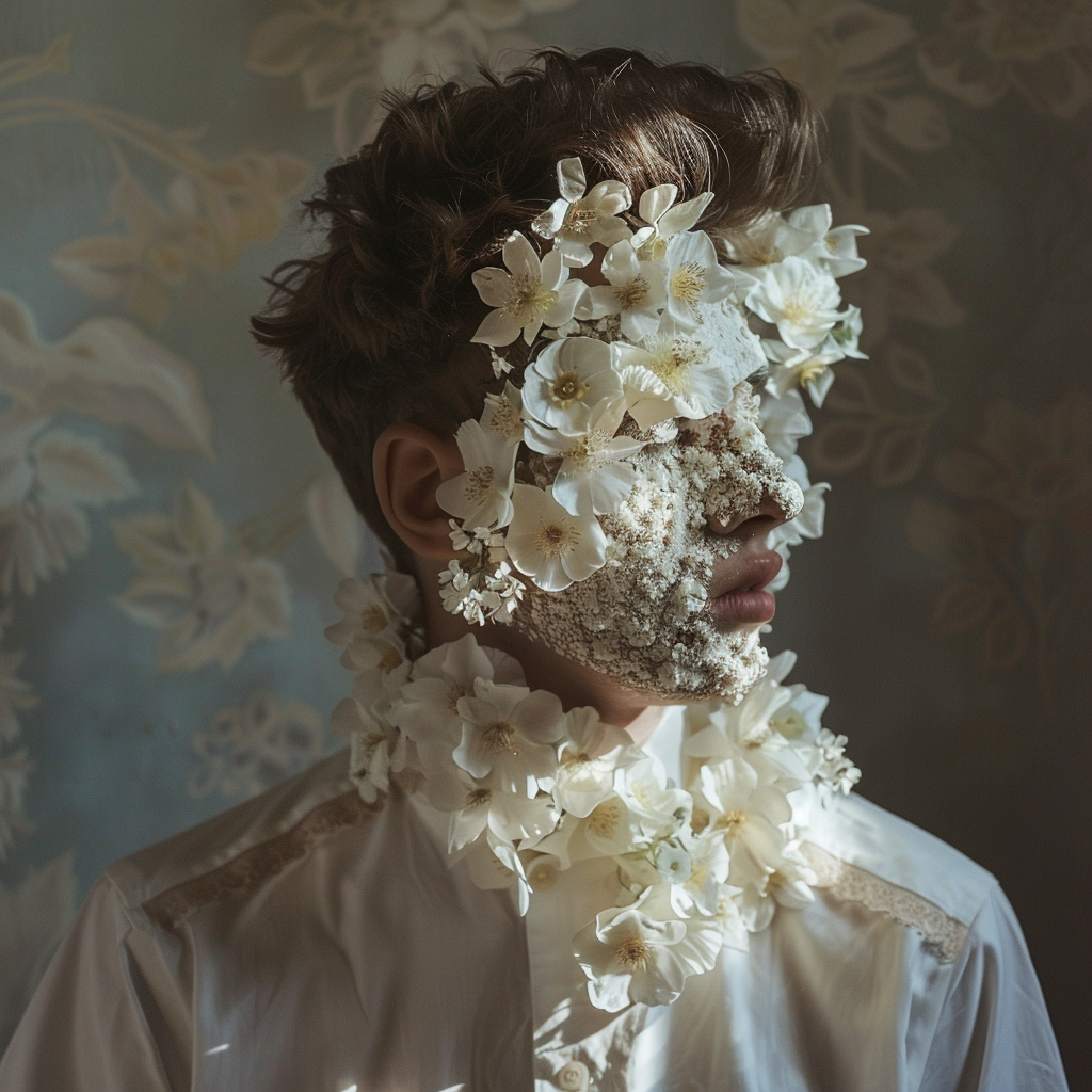 man with flowers on face