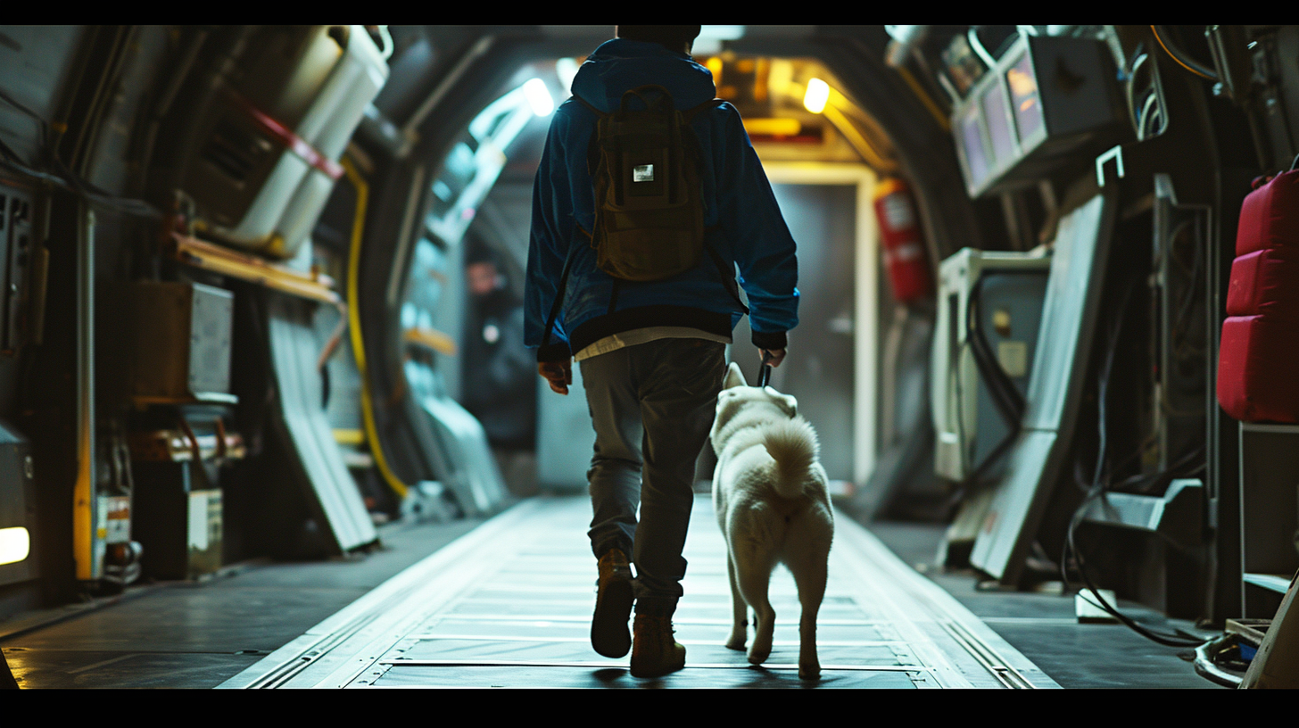 Man and White Shiba Inu Exiting Spaceship