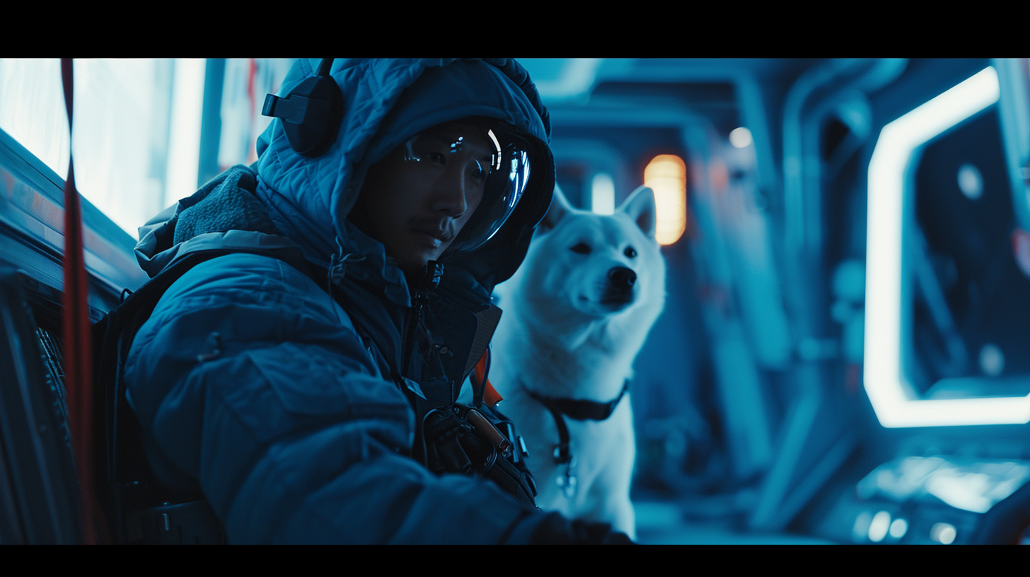 Man and White Shiba Inu in Spaceship