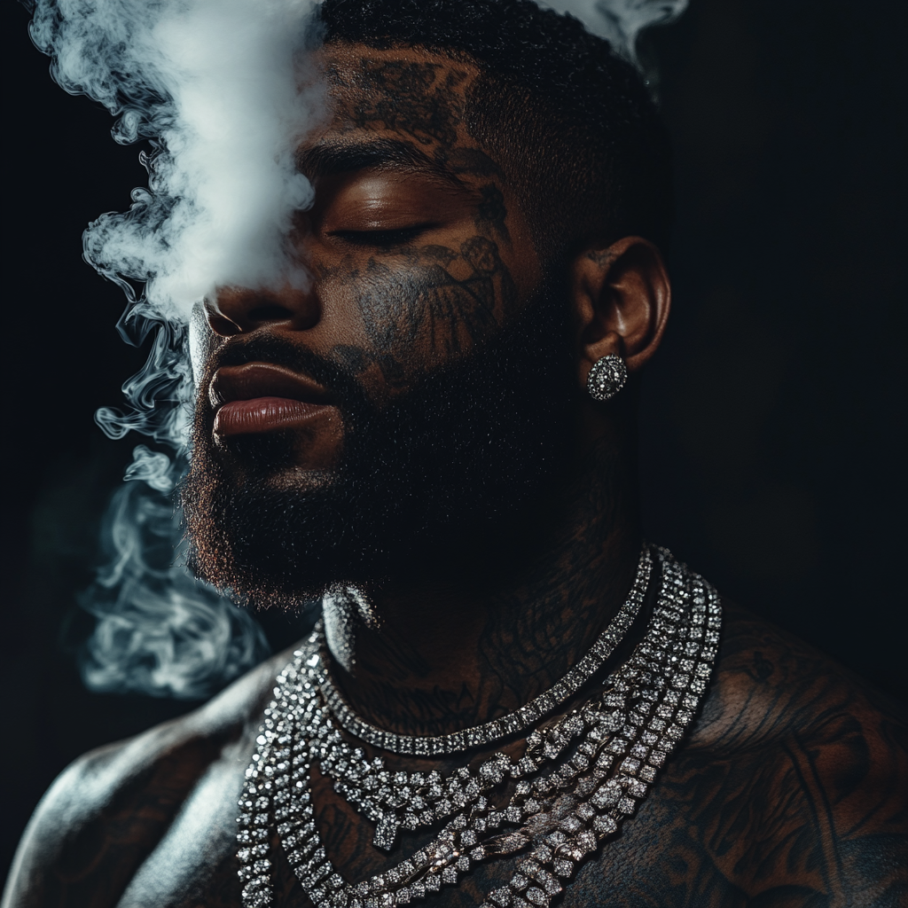 man with beard, chains, smoke, tattoos, dramatic lighting