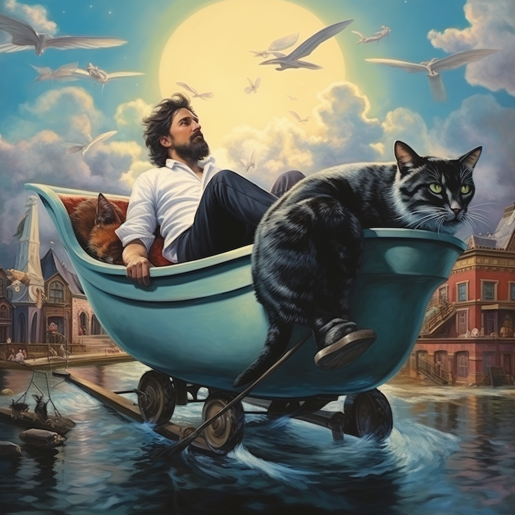 Man with Cat Ear flying on Clawfoot Bathtub