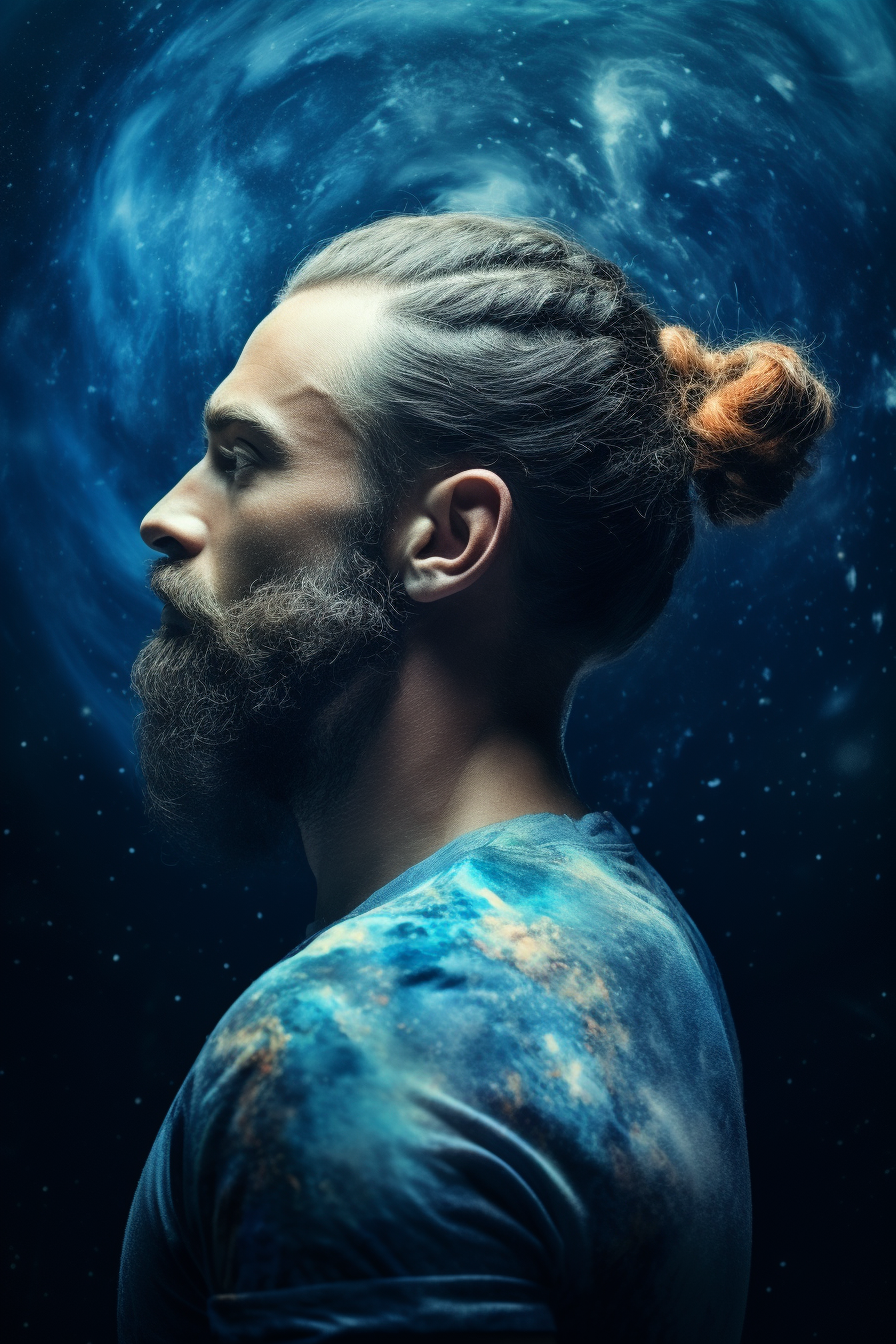 artistic double exposure of man with long beard and earth