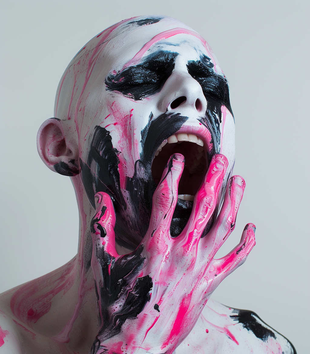 Man with porcelain skin and hand through mouth