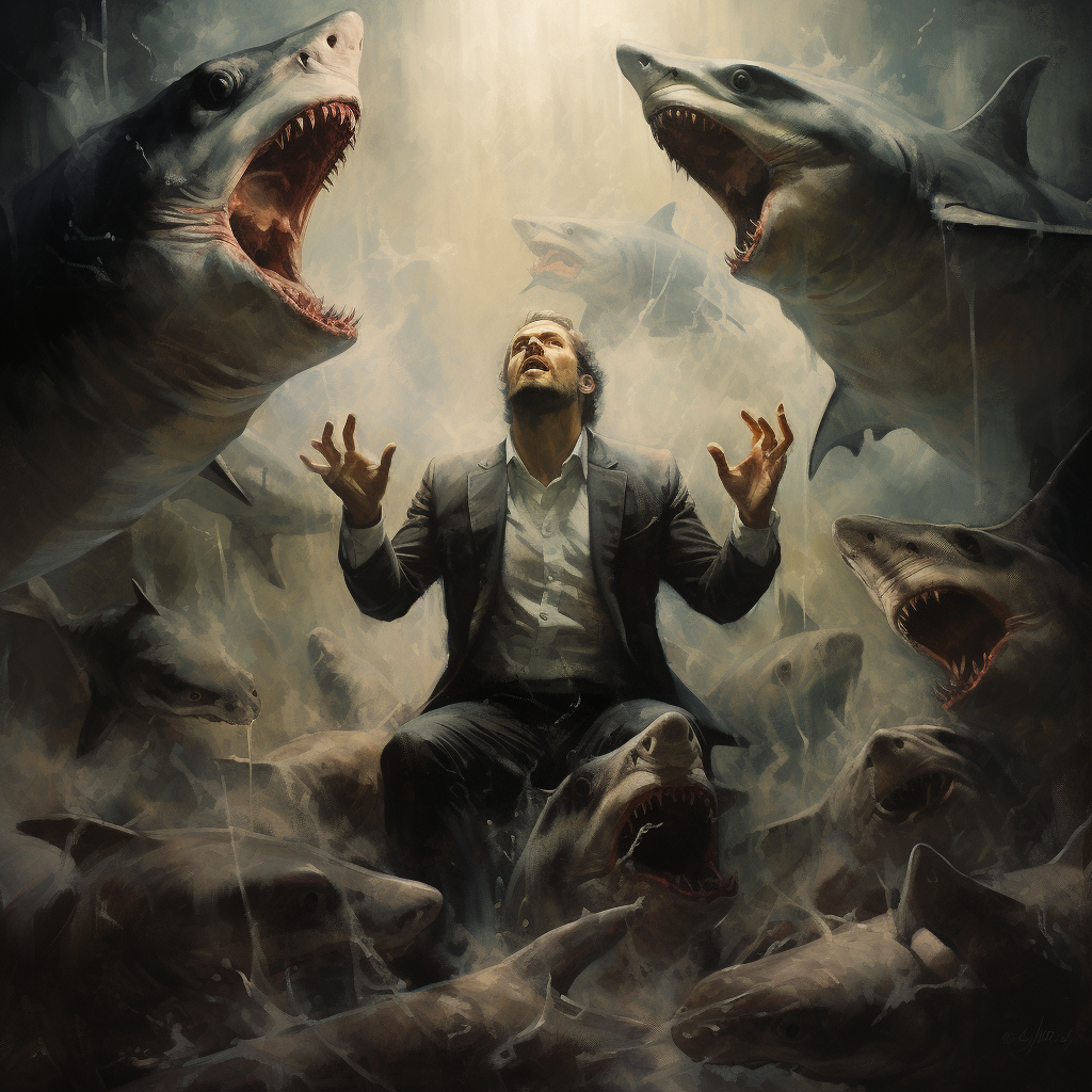 Man with sharks for hands