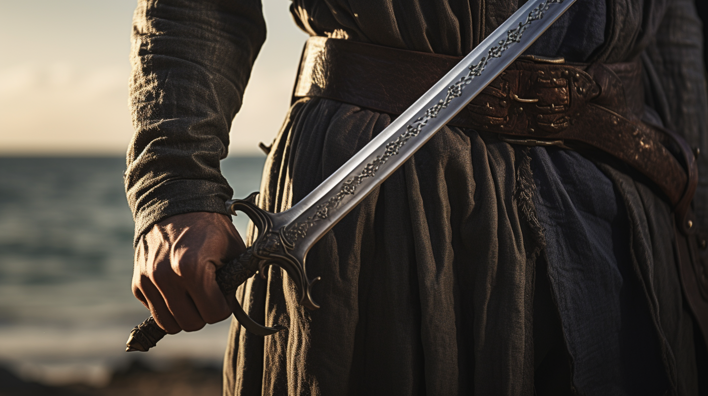 Man holding sword in dark brown and gray