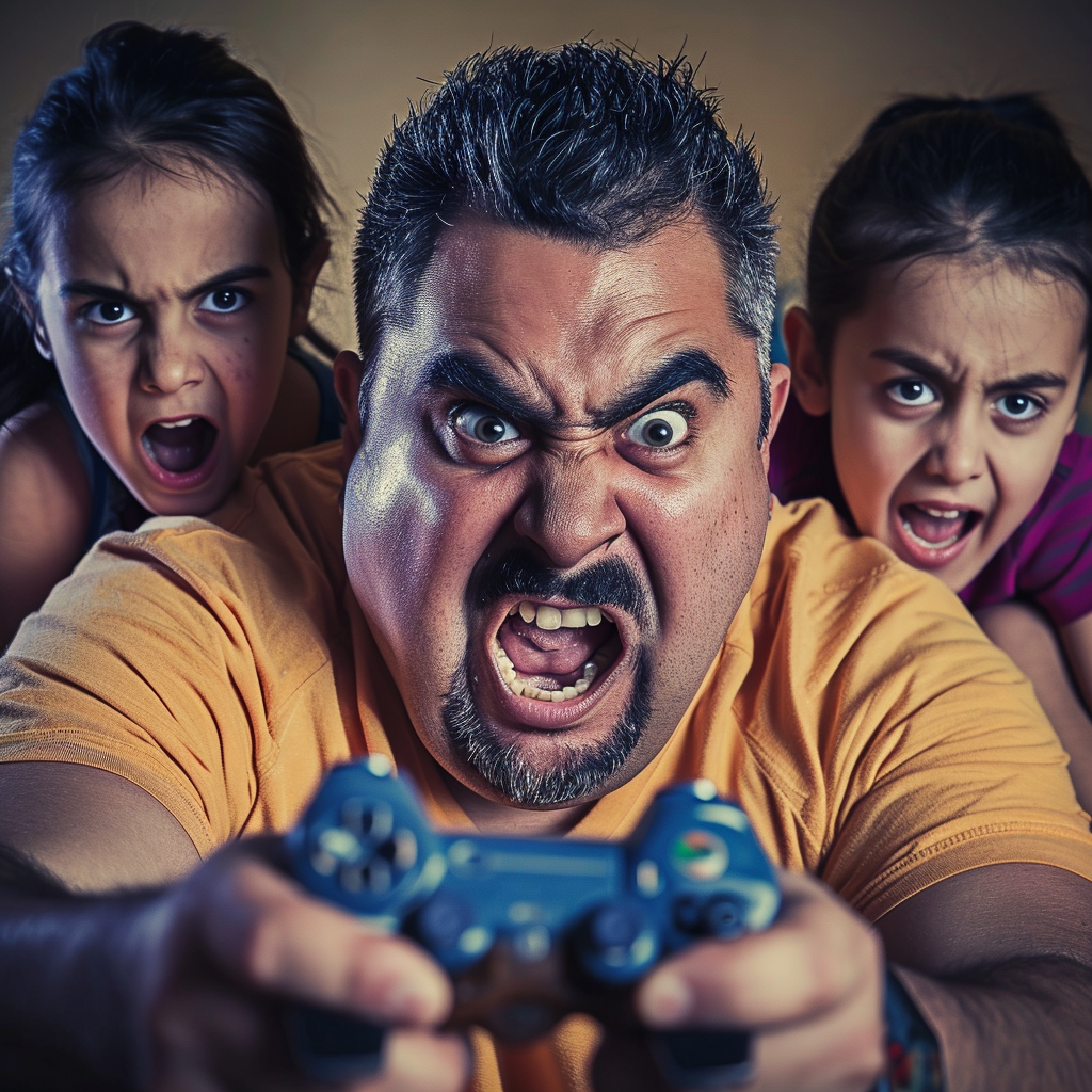 Angry man with family