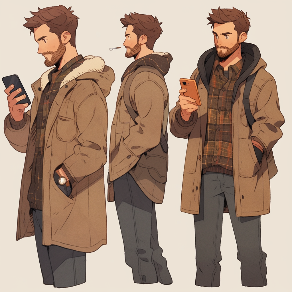 Man with unkempt hair and stubbly beard using smartphone