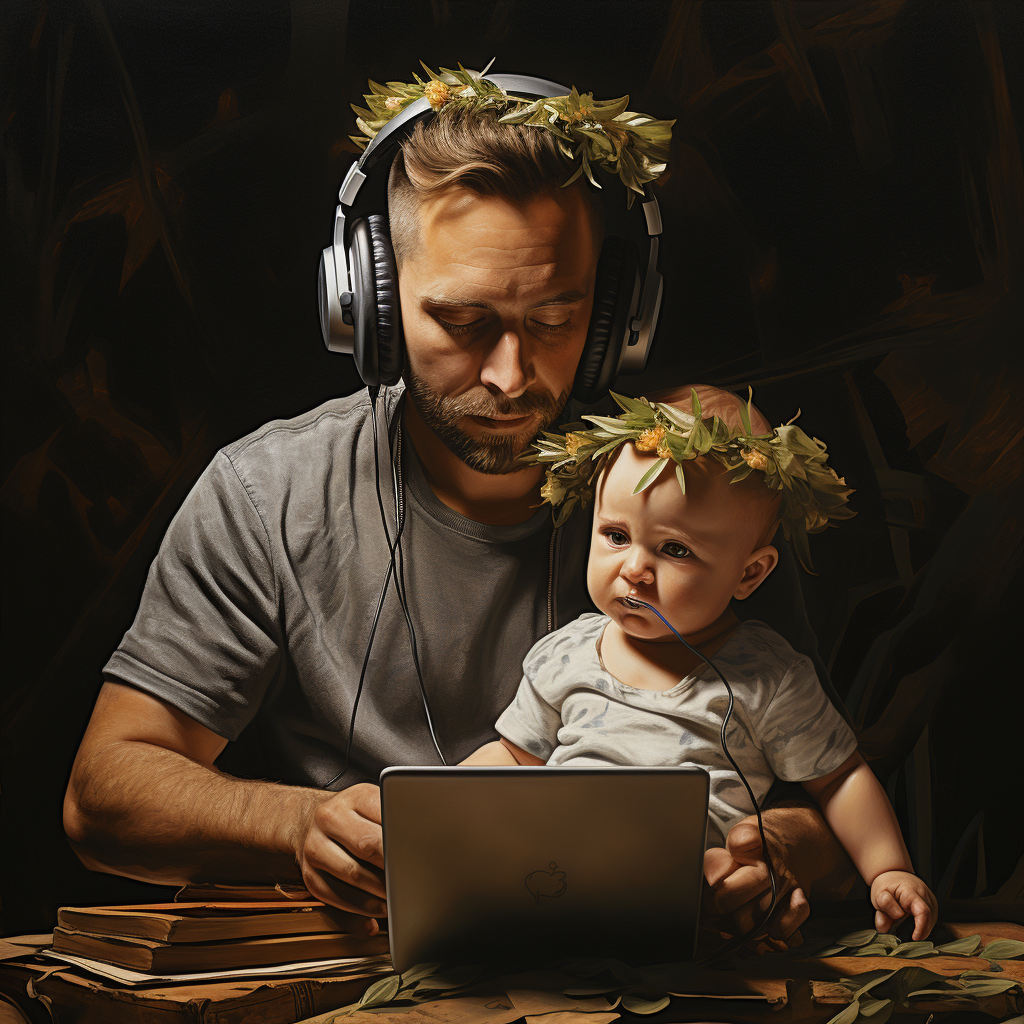 Man with Wheat Wreath and Laptop Holding Baby