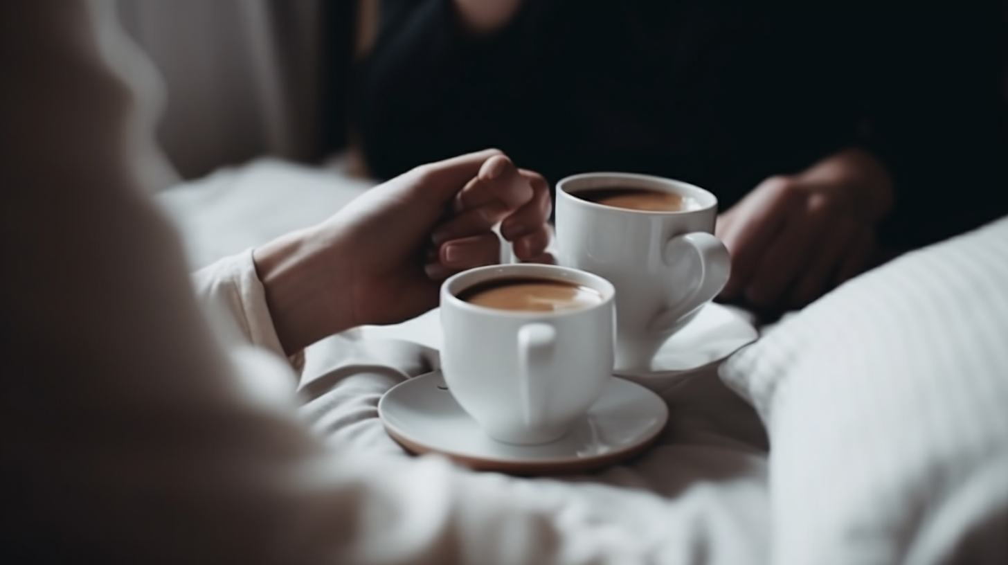 Couple in bed drinking coffee drawing