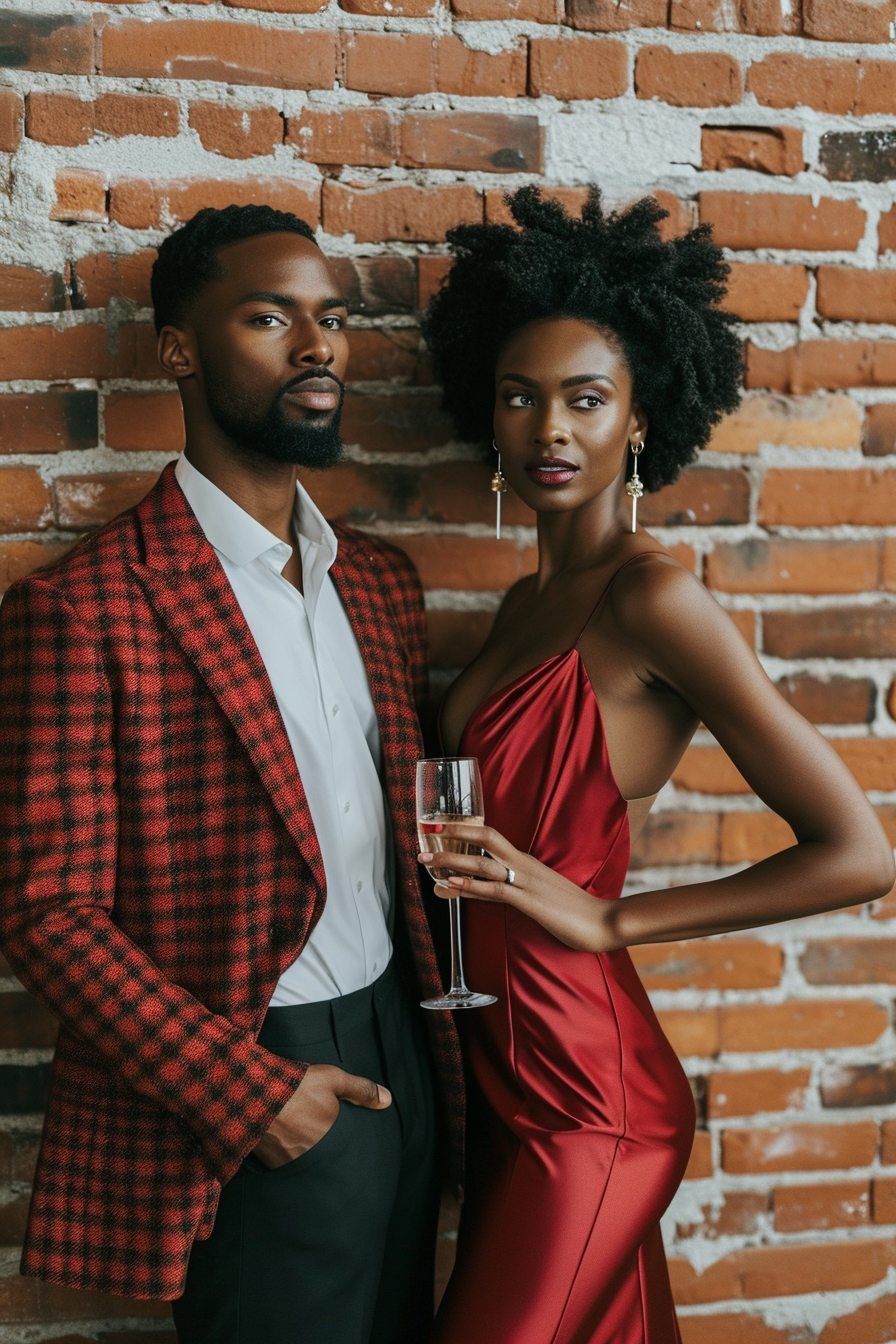 Couple Toasting Against Brick Wall