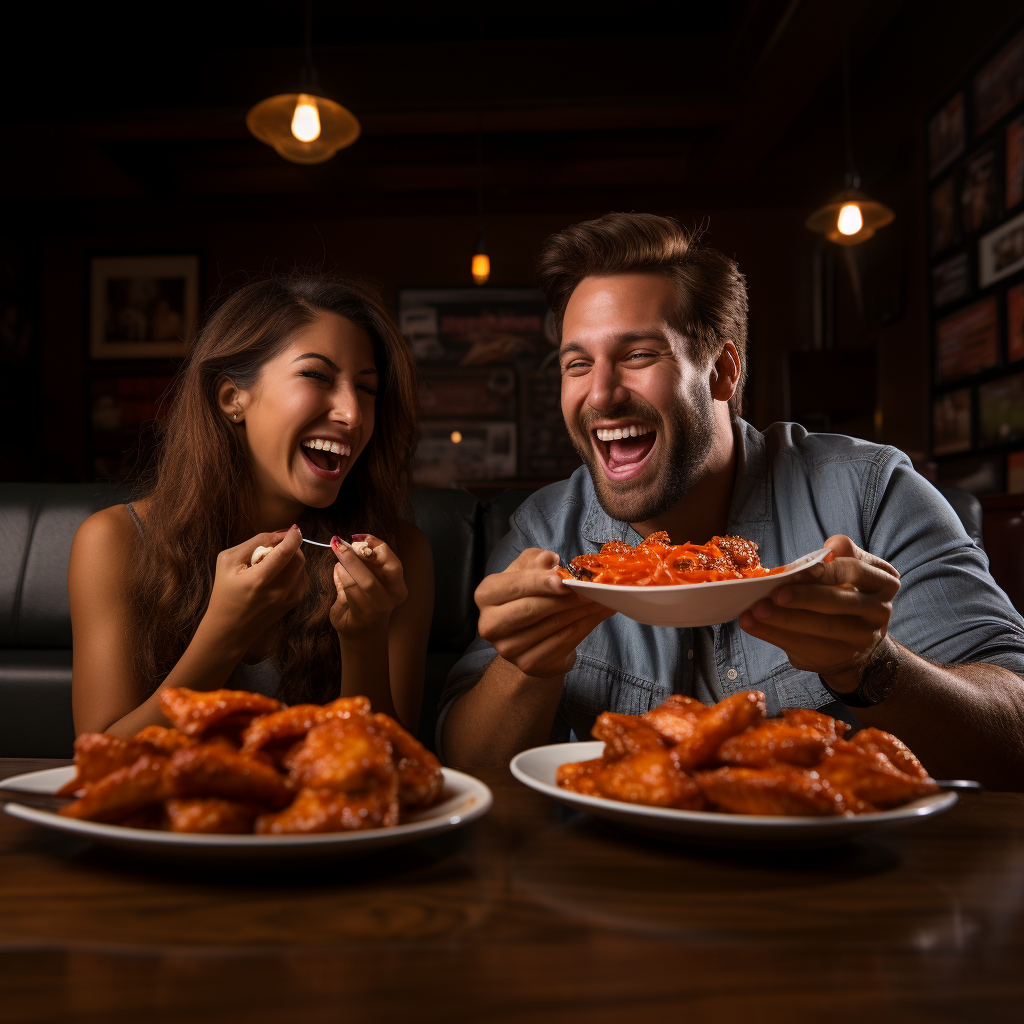 Man and woman enjoying buffalo chicken wings with ranch