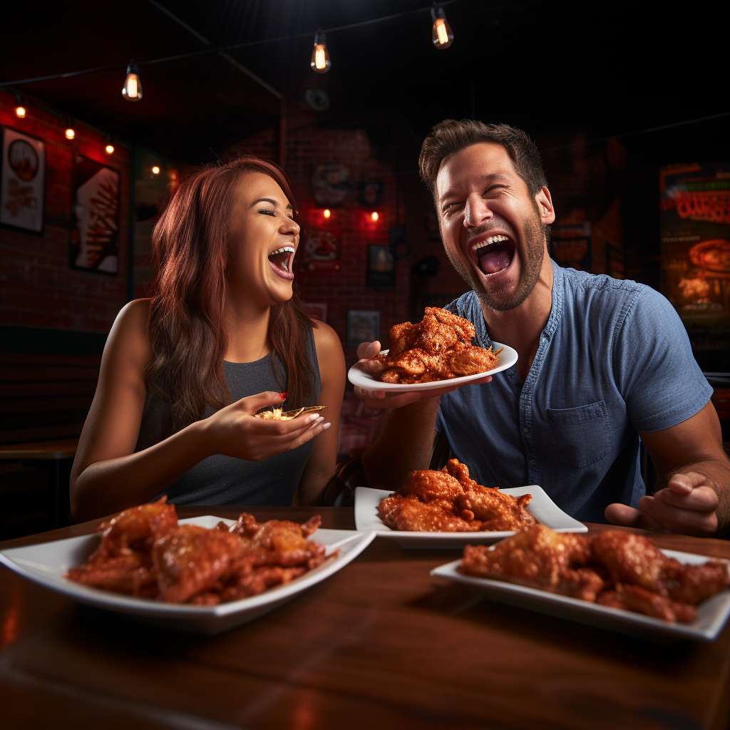 Couple enjoying saucy chicken wings