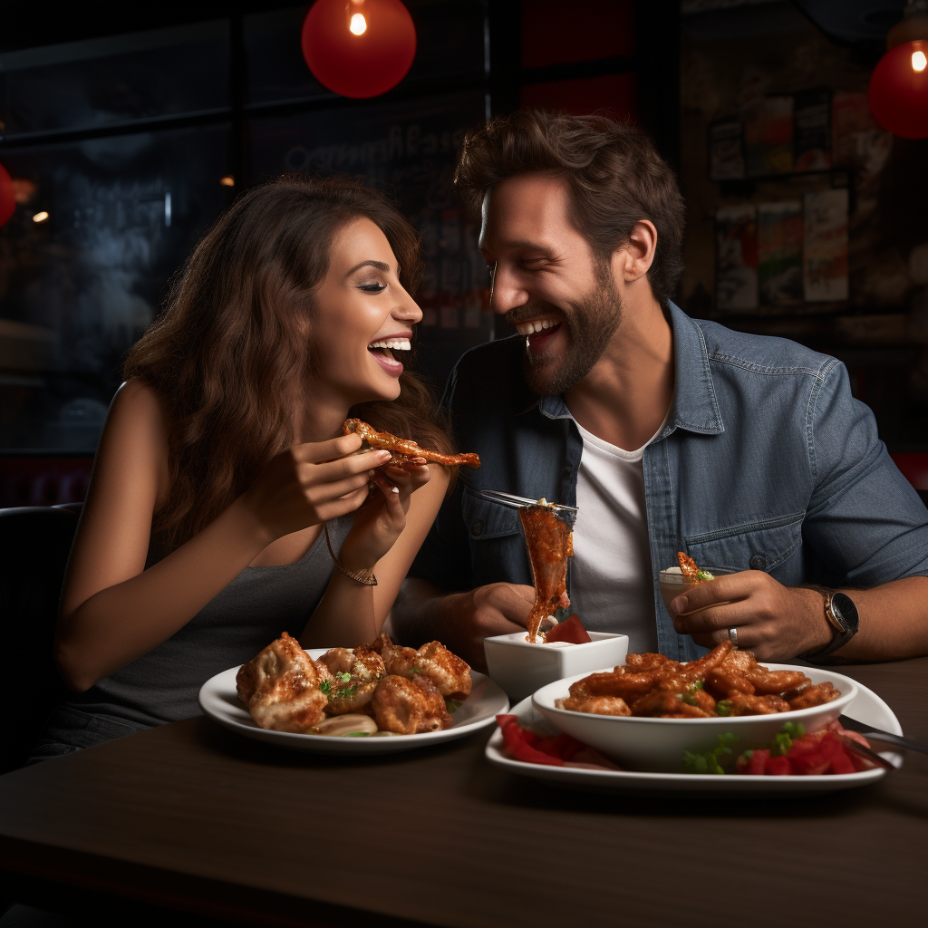 Couple enjoying saucy chicken wings