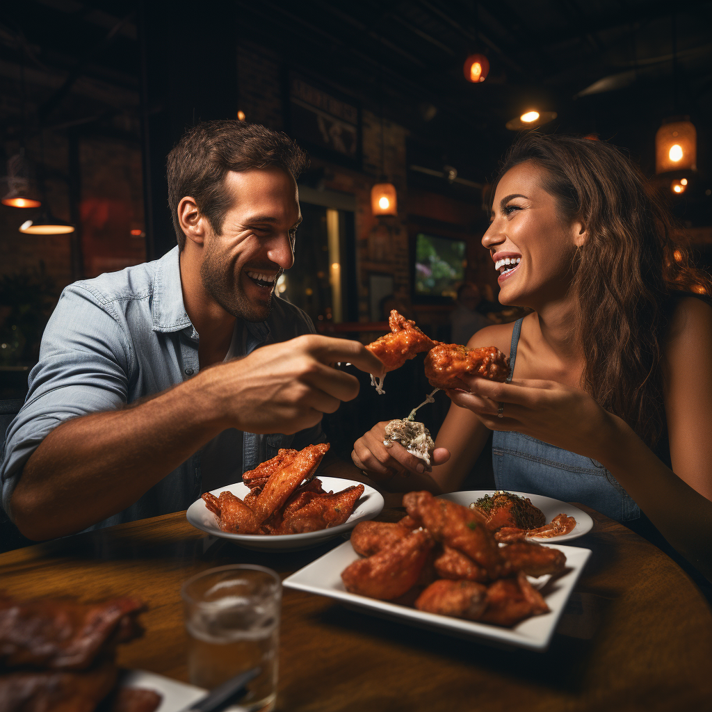 Man and woman enjoying saucy chicken wings