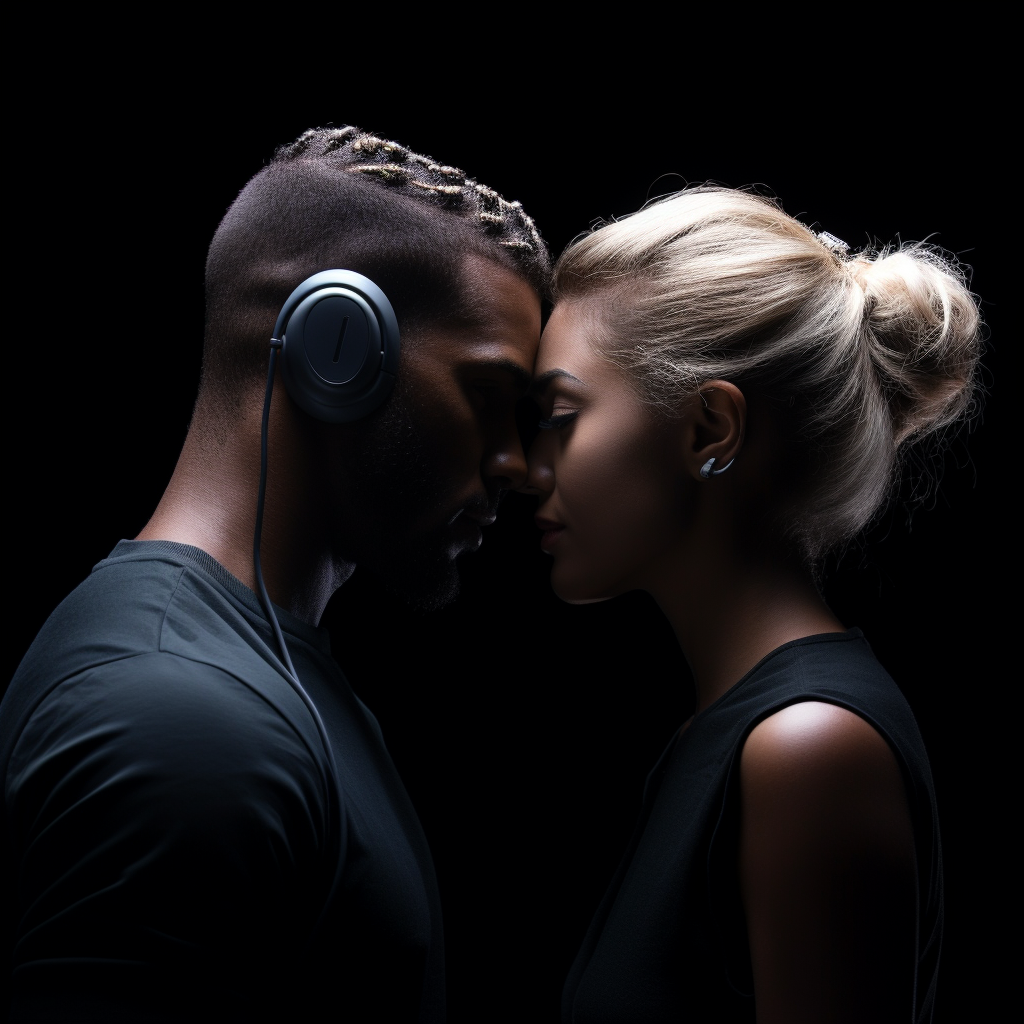 Happy couple in love posing with Airpods