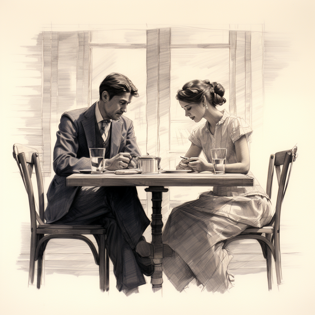 Sketch of man and woman at opposite ends of table