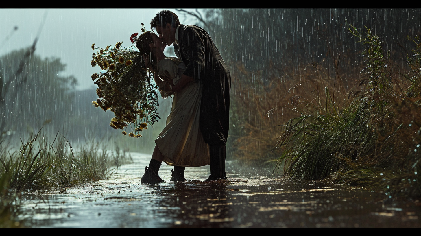 Couple sharing romantic rain kiss