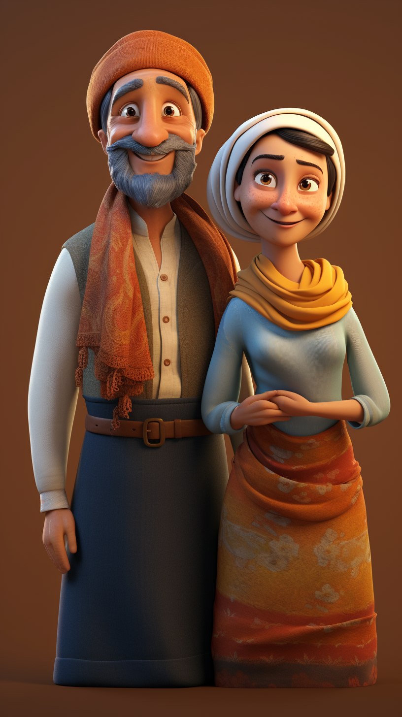 Turban-wearing man and woman in animated film style