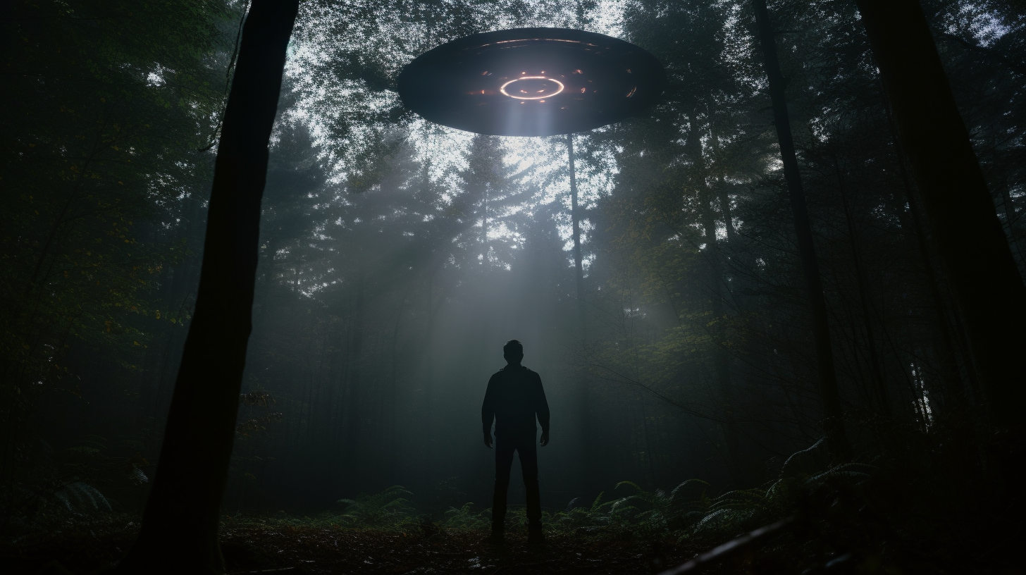 Man standing in woods looking up at UFO