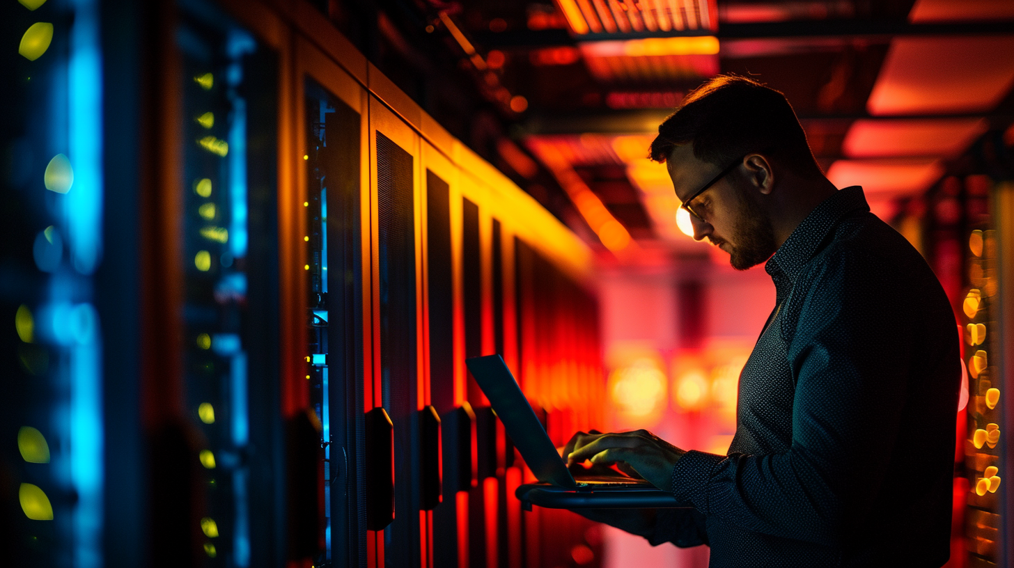 Man working on laptop with server racks background