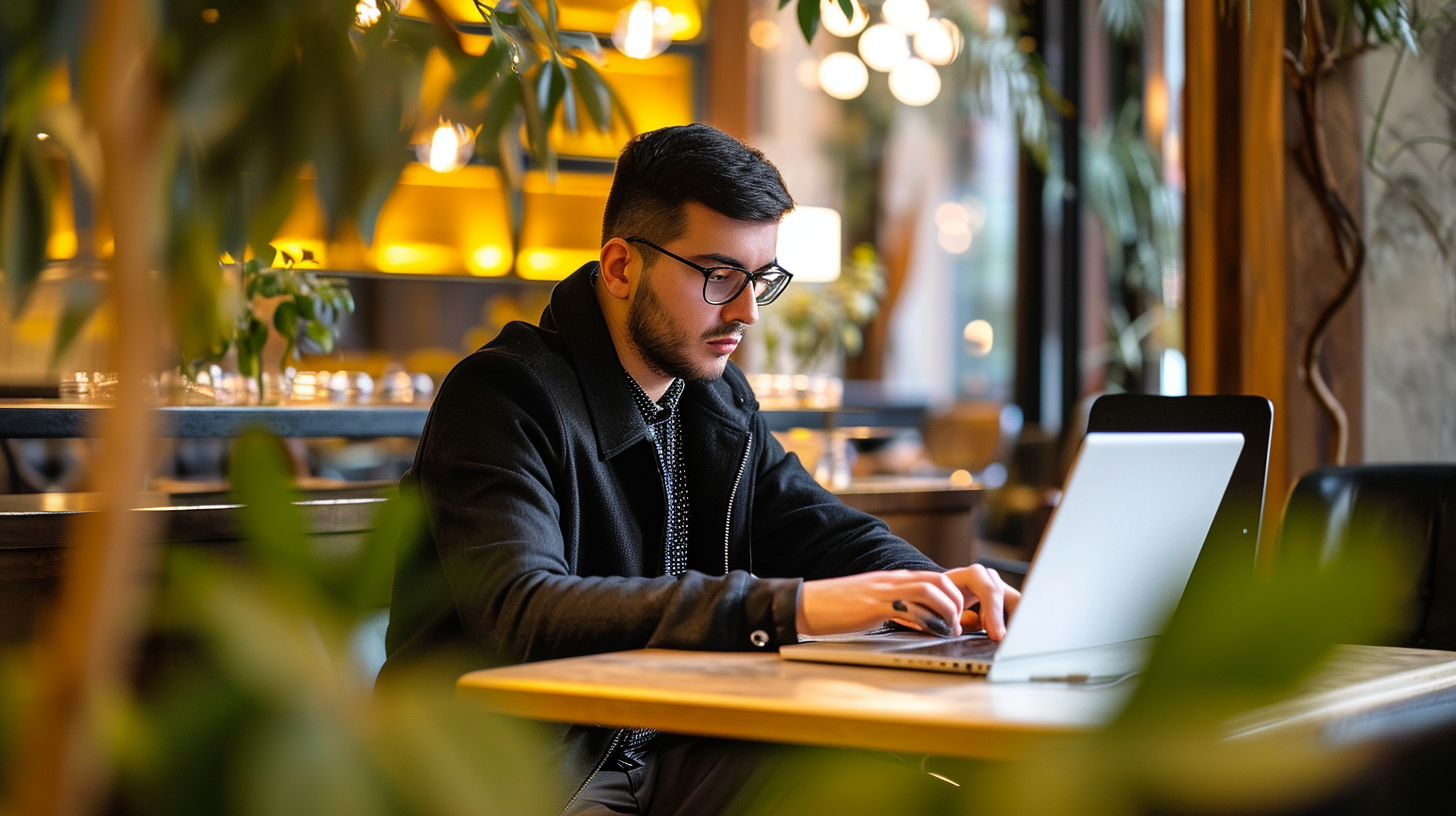 Man working on laptop with Hasselblad camera