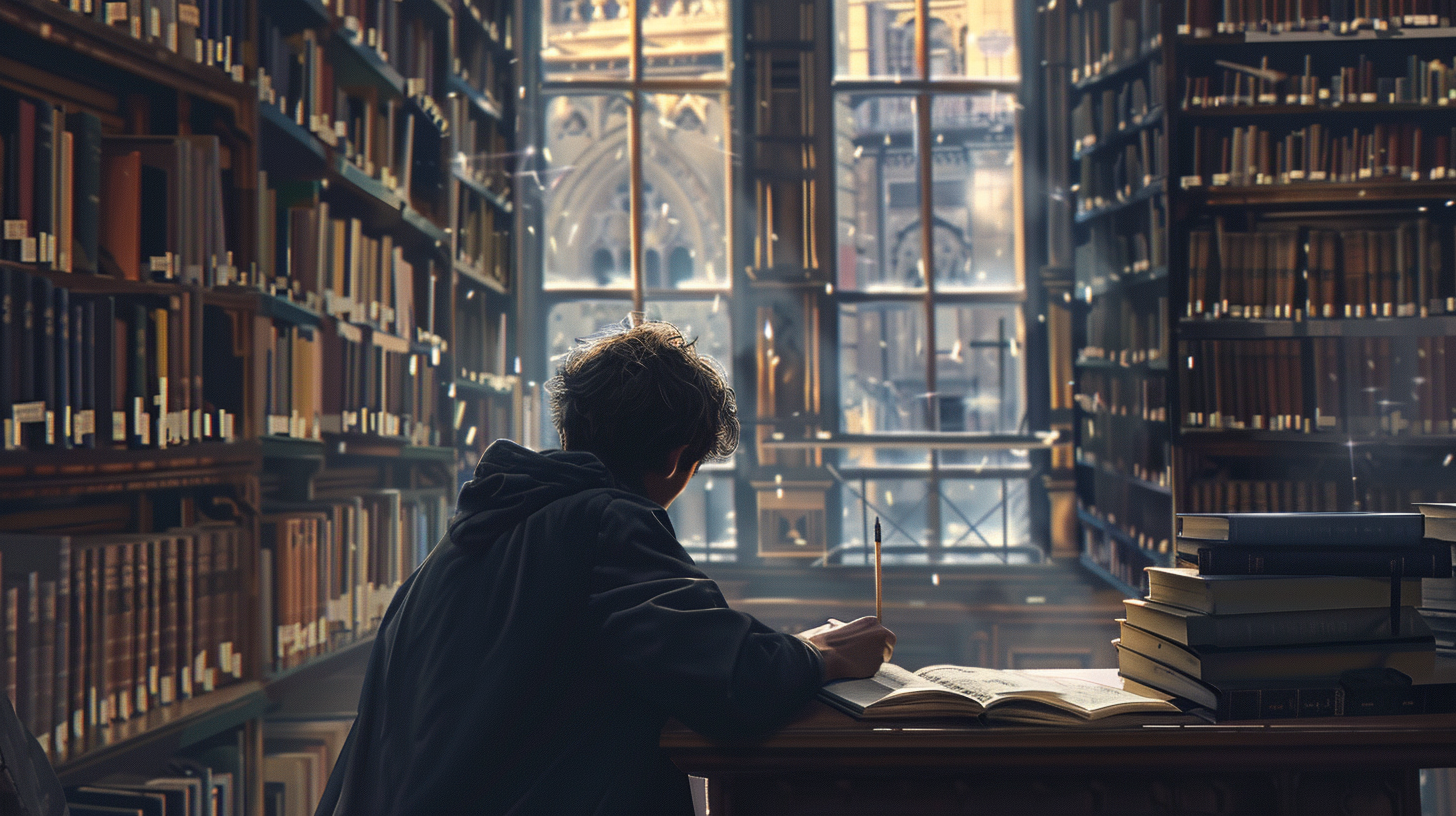 Man writing in library with pencil