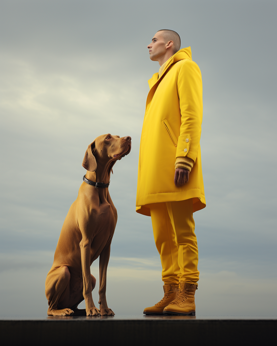 Man in yellow jacket watching dog