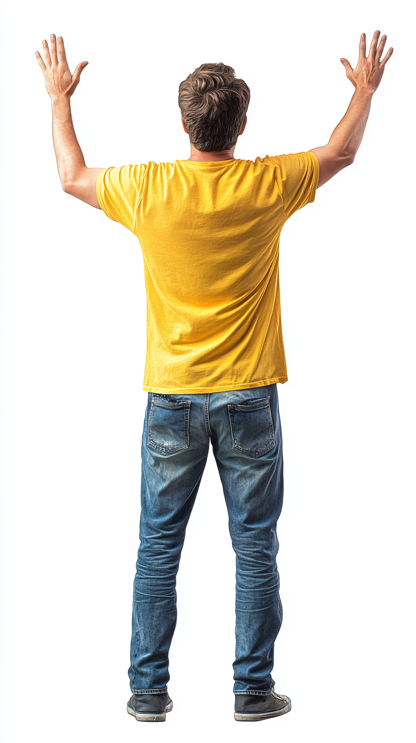 Man in Yellow T-shirt and Jeans Wow Gesture