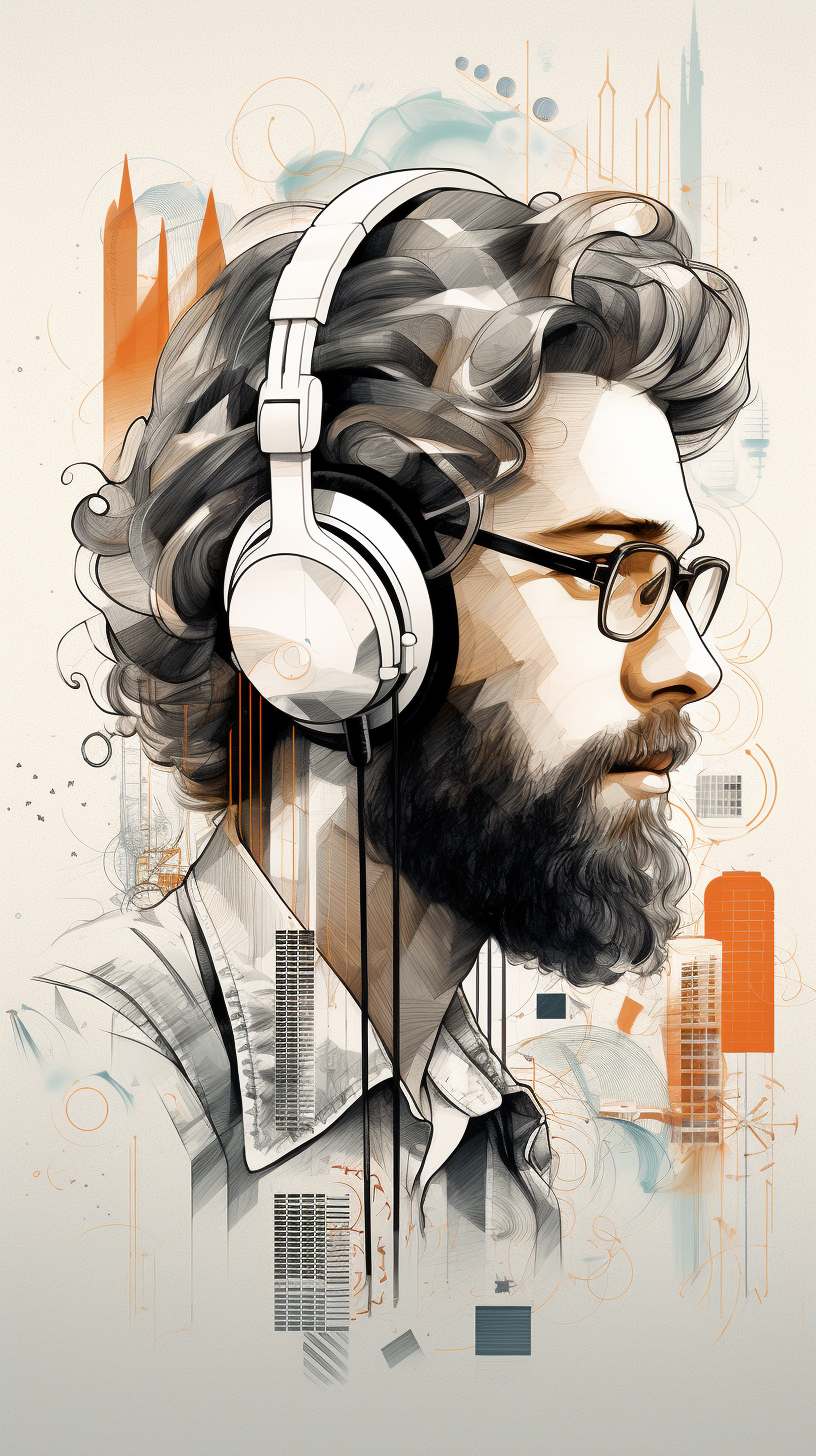 Bearded man with Bang & Olufsen headphone art