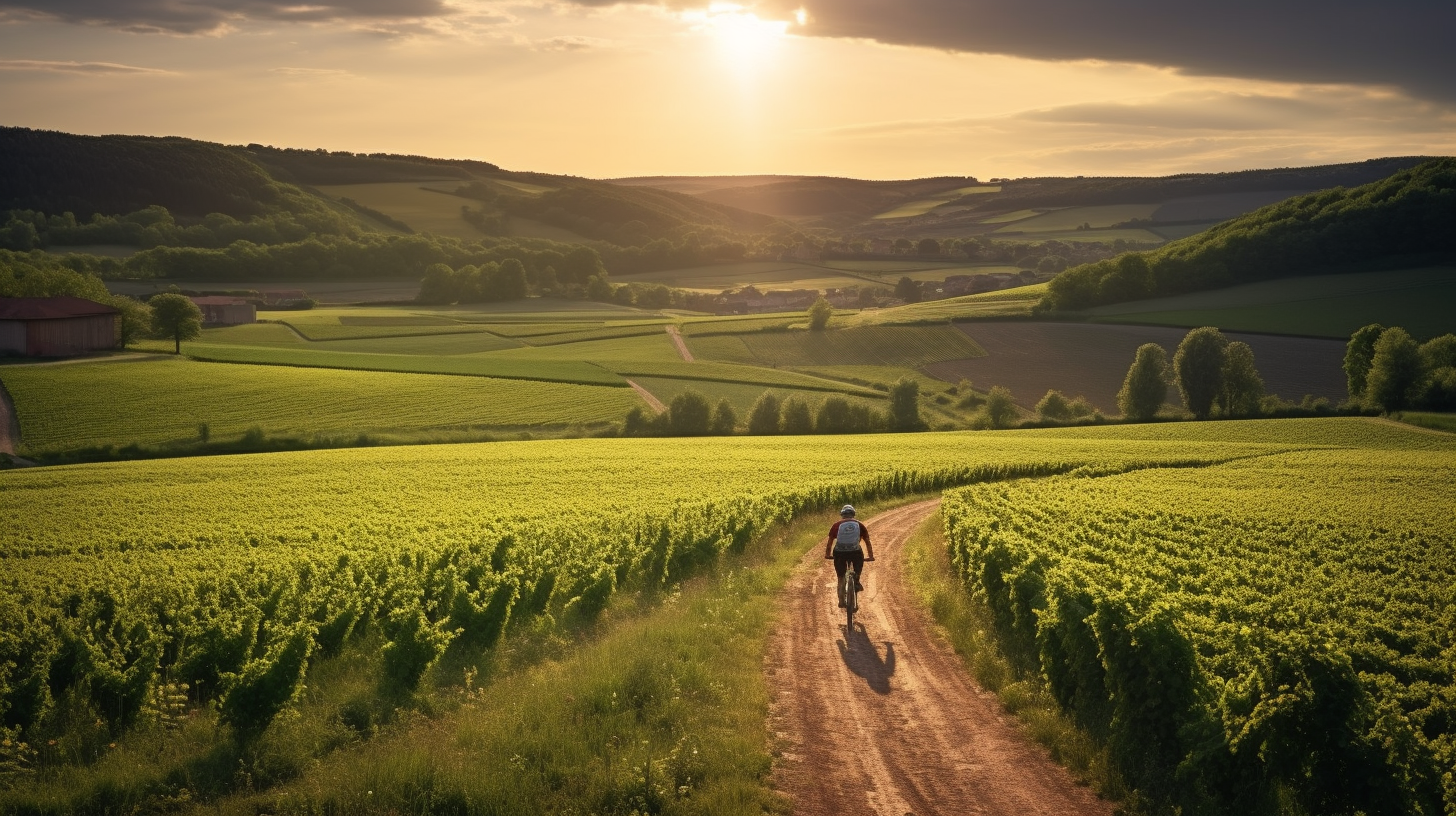 Man on bicycle in Champagne Landscape