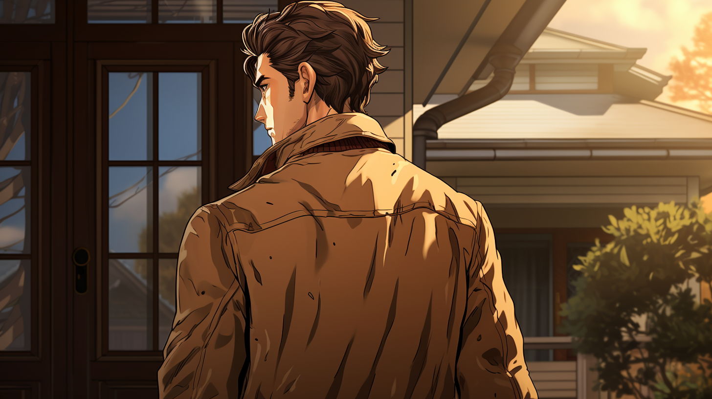 Middle-aged man in brown jacket standing outside house