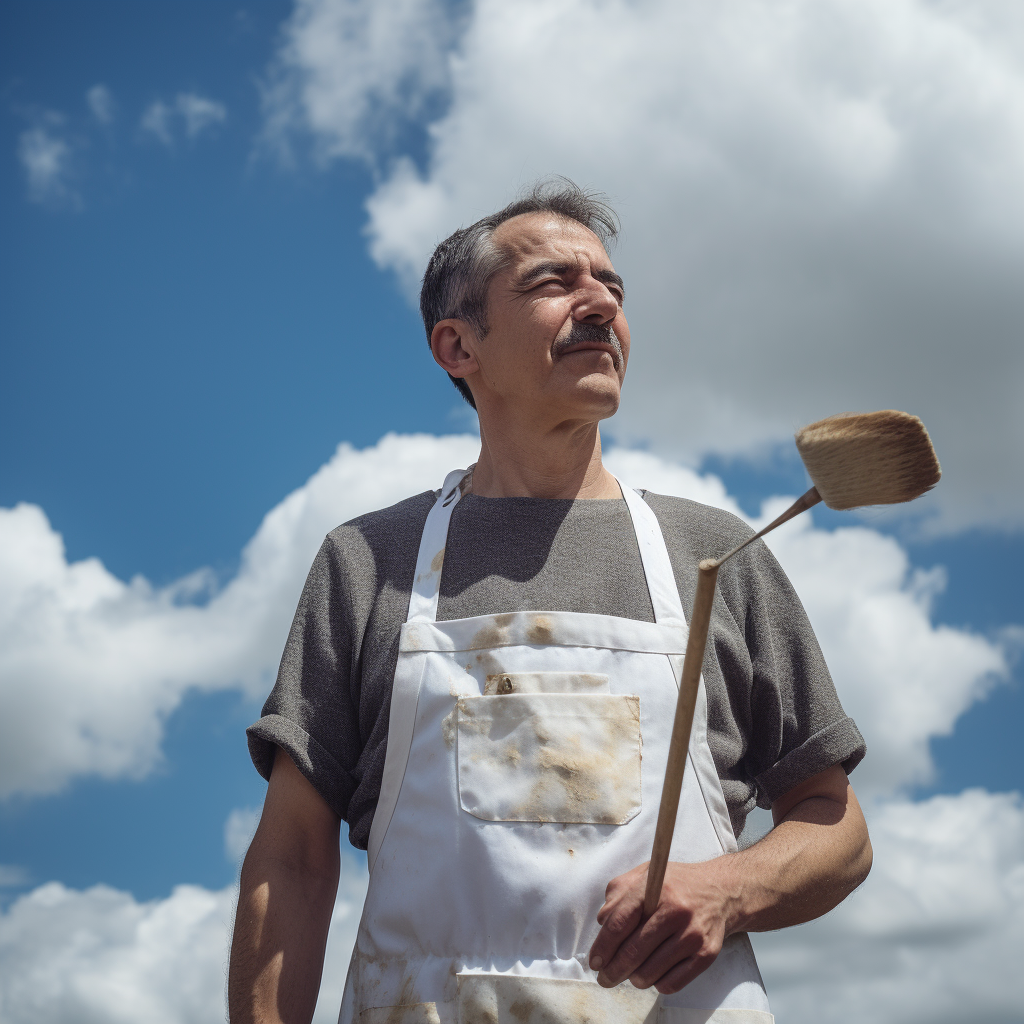 Man wearing apron and holding spatula