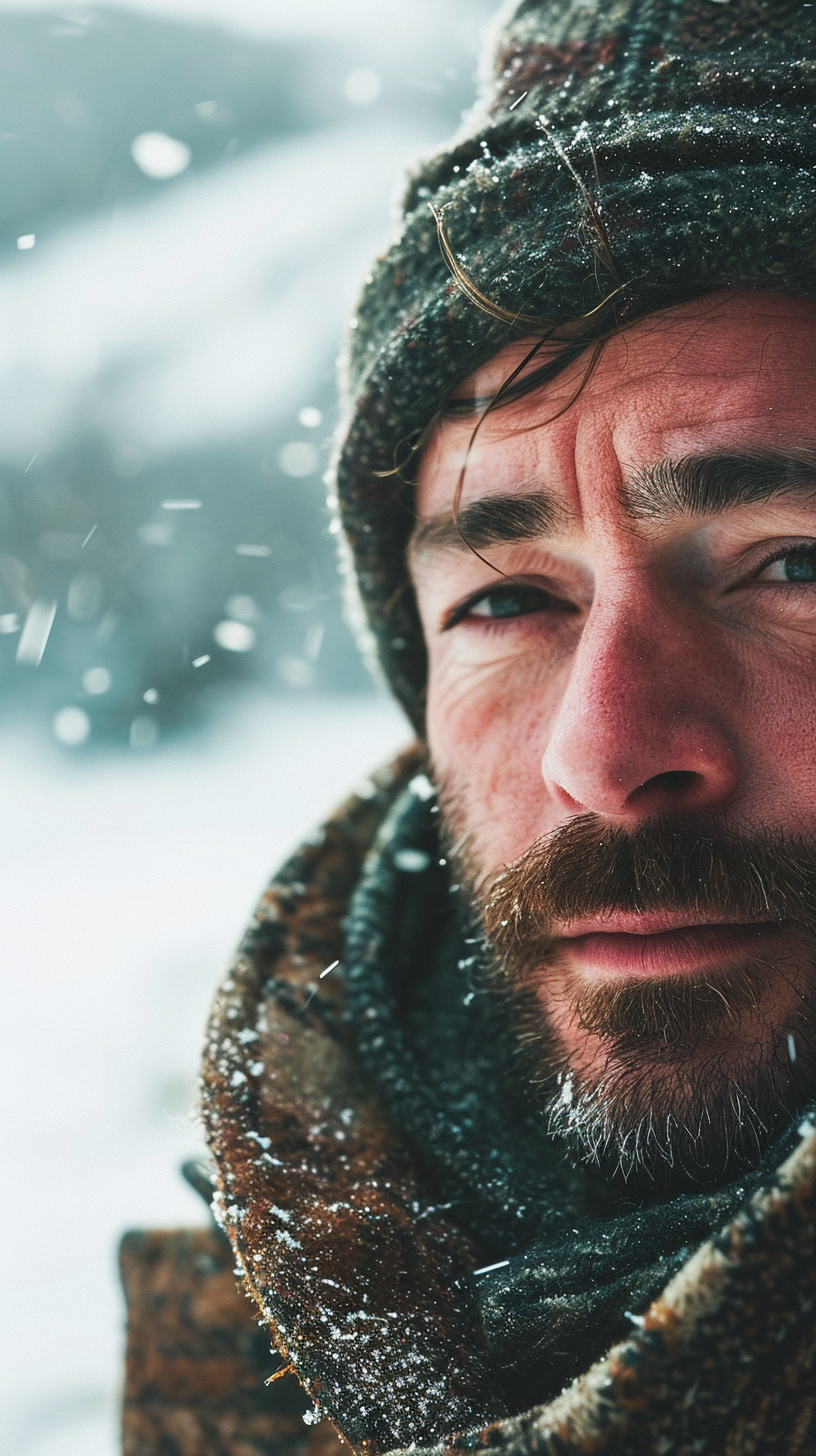 Close up of man looking in camera against winter mountains