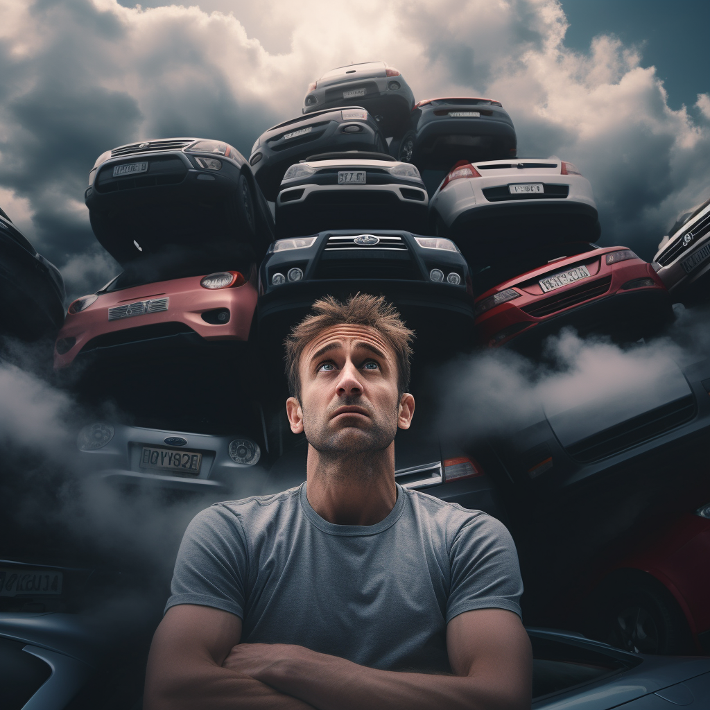 Closeup of a man climbing cars to reach the clouds