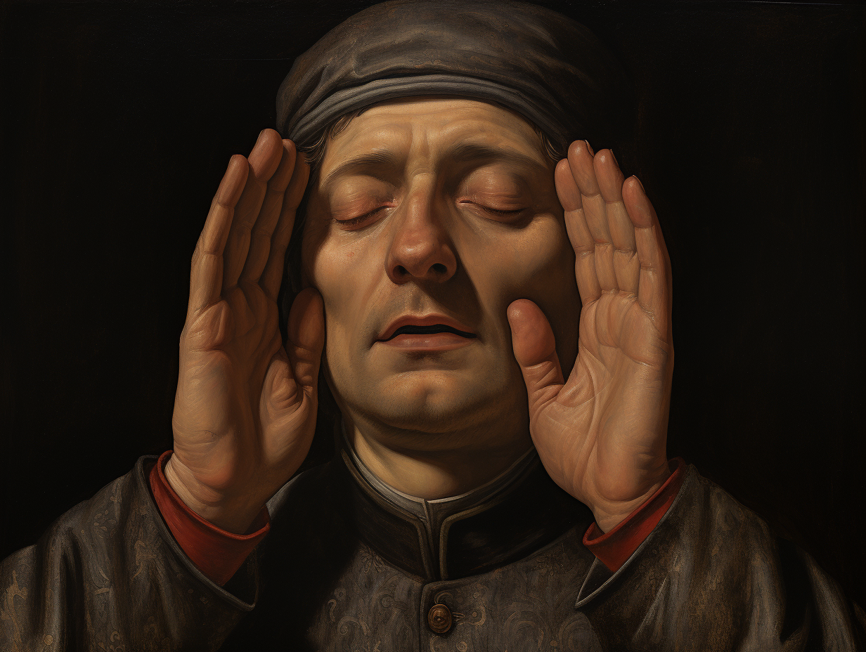 Man closing eyes and hovering hand before face