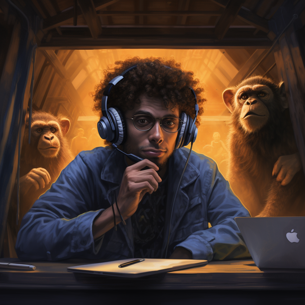 man with curly hair listening to music with monkey