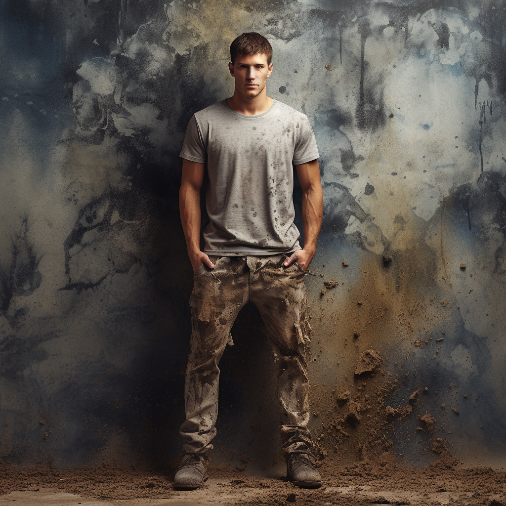 Man wearing dirty tee shirt and jeans