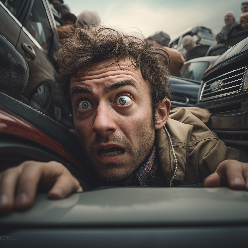 Man trying to escape from a stack of cars