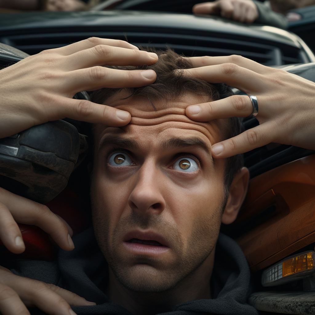 Closeup of a man extracting himself from a stack of cars