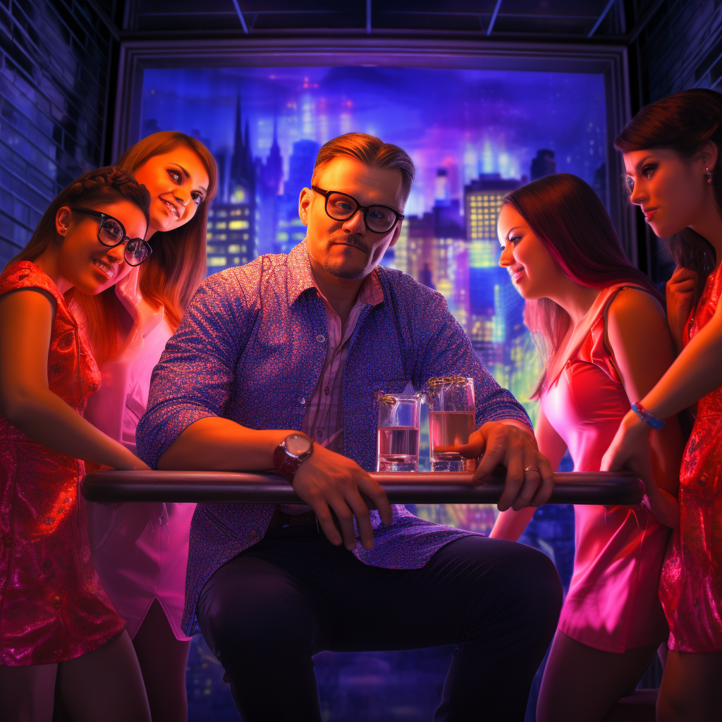 Man with glasses having a drink with five girls in a nightclub